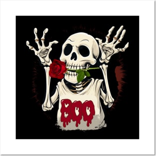 Funny Halloween Skeleton With a Red Rose In Its Mouth Posters and Art